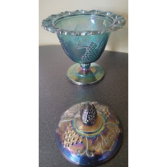 Iridescent Blue Carnival Glass Candy Dish w/ Lid – Indiana Grape Pattern - Picture 4 of 5